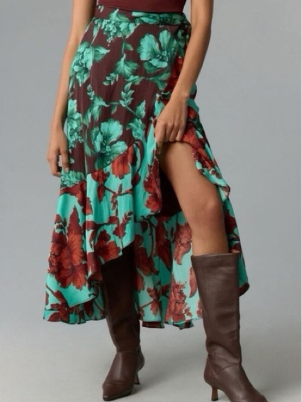 Anthropologie Maeve Ruffled Wrap Maxi Skirt Floral Satin Brown Green Small
